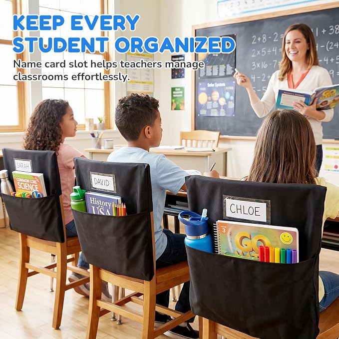 Joycat 12 Pack Classroom Chair Pocket for School, Large Capacity Student Storage Organizer with Deep Pocket & Name Tag Slot, Heavy Duty Chair Bag for Classroom Books & School Supplies
