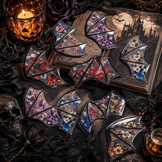 Fuyoooo 48pcs Clear Gothic Bookmark Floral Flower Patterned Bat Dragon Bookmarks Goth Gothic Dark Academia PVC Vintage Flower Book Markers Halloween Book Lover Reader Gift