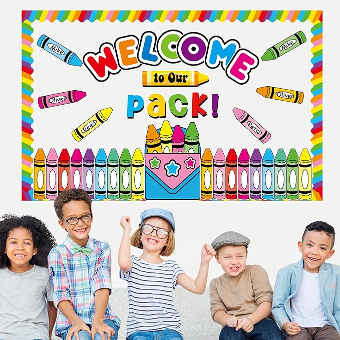 Justforjoyful Welcome to Our Pack Bulletin Board Decorations Back to School Crayon Theme Classroom Bulletin Board Border Set Colorful Crayons Name Tags for School Teacher Supplies Home Wall Decor