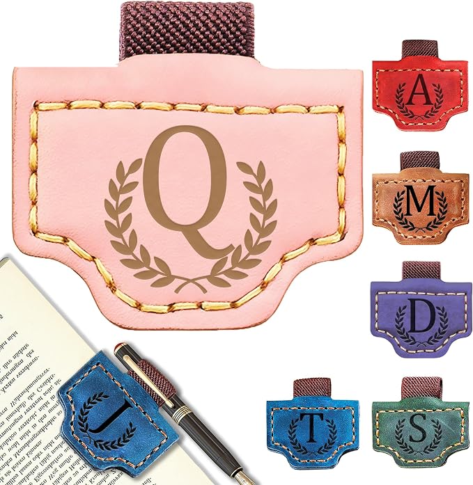 Personalized Leather Magnetic Bookmark with Pen Holder, Bookmark 26 Letters Name Initial Bookmarks for Readers, Book Lover Gifts for Women Men Notebook Accessories (Pink, Q)