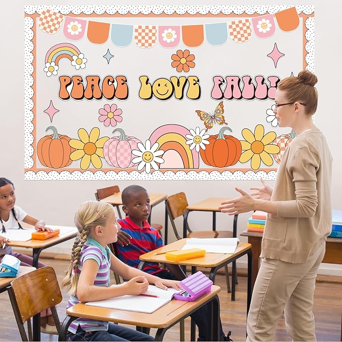 Groovy Thanksgiving Pumpkin Bulletin Board Set Thanksgiving Classroom Bulletin Board Decorations Groovy Peace Love Paper Cutouts Fall Pumpkin Classroom Boarders for School Chalkboard Wall Decor