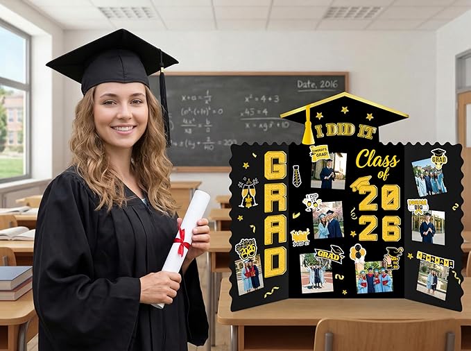 Moon Boat 5 Pack Graduation Decorations 2026 Trifold Poster Boards with Stickers Class of 2026 Grad Party Picture Display Supplies(Black Gold)