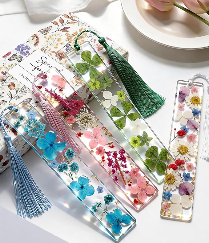 Buleens 4PCS Bookmarks for Women- Book Marks for Readers Book Lovers, Personalized Handmade Dried Flower Resin Bookmark with Tassels, Pretty and Aesthetic