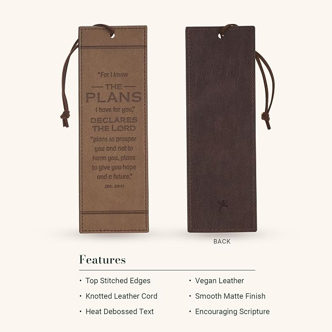 Christian Art Gifts Premium Vegan Leather Encouraging Scripture Bookmark for Men & Women: I Know the Plans Inspirational Bible Verse, Durable Cord, Heat-Debossed Classic Book Reading Accessory, Brown