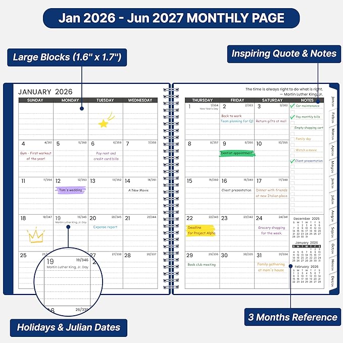 2026-2027 Monthly Planner, 18 Monthly Calendar Planner, January 2026 - June 2027, 8’’ x 10’’, 2026 Spiral Agenda with Tabs ＆Pocket, Flexible Cover, Organizer Notebook for Office Home School, Blue