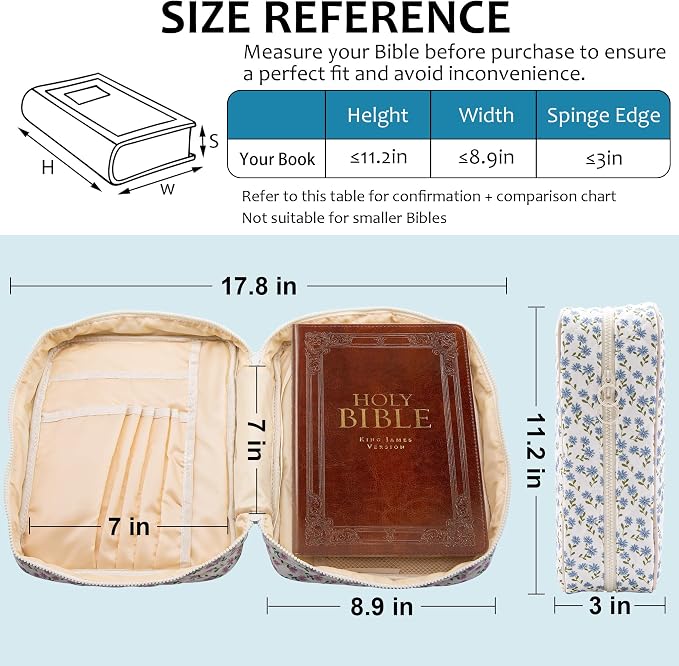 Large Bible Cover Case for Women,Quilted Bible Bag with Sturdy Handle,Bible Carrying Case for Girls Bible Study Supplies (Blue Flower, Large)