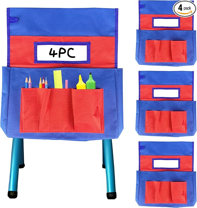 4 Pack Chair Pockets for Classrooms, 17.2"x19" Seat Sacks for Classroom Chairs K-2, Heavy Duty Back of Chair Organizer Pocket with Name Tag Slot for Supplies, Books, Storage