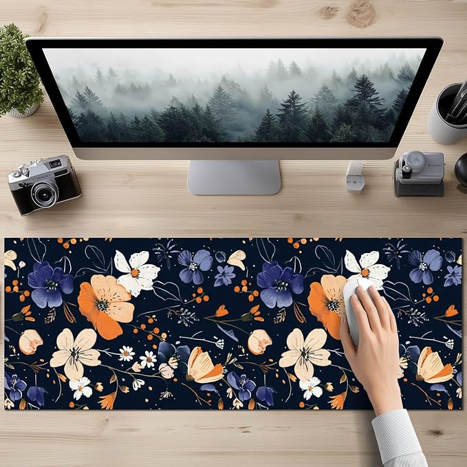 HOMETITUTE Large Mouse Pad 31.5 x 11.8 Inch Dark Floral Desk Mat Extended Keyboard Mousepad Non Slip Waterproof Desk Pad with Orange White Purple Flowers for Home Office Gaming