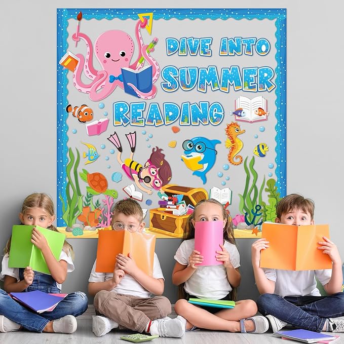 gisgfim Under The Sea Bulletin Board Decorations Classroom Dive Into Reading Summer Ocean Bulletin Board Borders Sea Animal Fish Treasure Box Cutouts Decor for School Library Chalkboard Wall(Ocean)