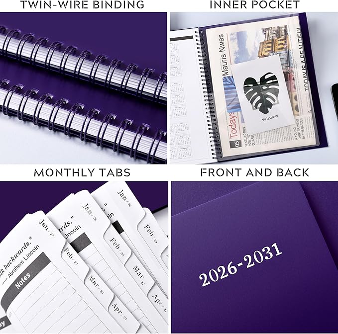 2026-2031 Monthly Planner/Monthly Calendar - 5 Year Planner from Jul. 2026 - Jun. 2031, 60 Month Planners, 9" x 11", Monthlys Calendar 2026-2031 with Tabs + Double-Side Pocket + Durable Polypropylene Cover - Purple