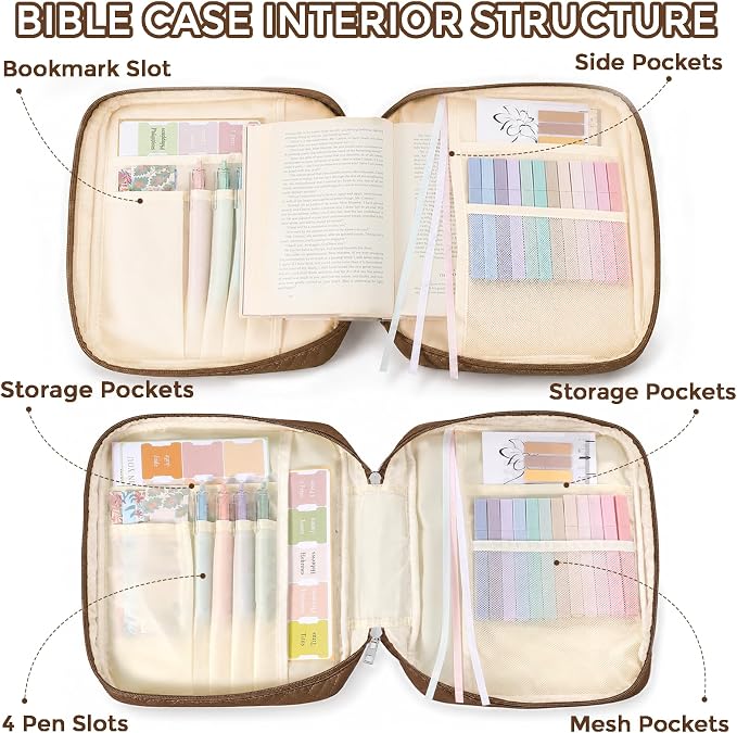 XKDOUS Bible Cover Case for Women, Large Bible Cover with Durable Handle, Washable Quilted Bible Case, Bible Study Supplies & Christian Gifts for Mom, Women, Men (Brown)
