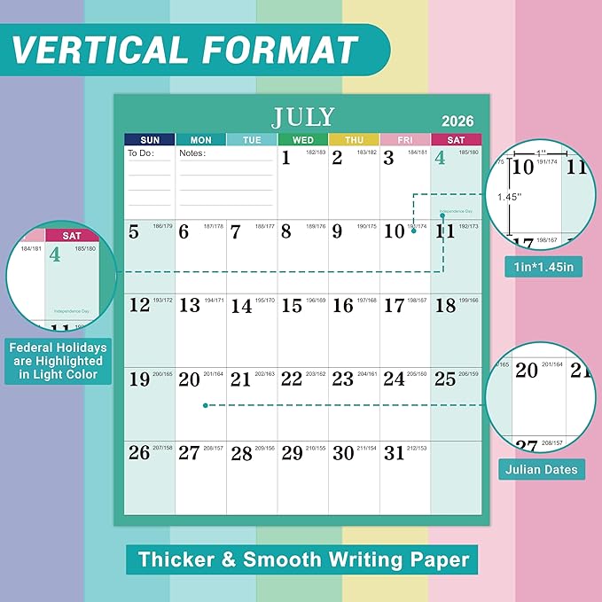 Yearly Wall Calendar 2026-2027 - 2026-2027 Calendar, July 2026 - June 2027, 34.8" x 22.8" (Open), Yearly Wall Calendar 26-27, 26-27 Calendars Vertical, One Page for Organizing - Colorful Lump