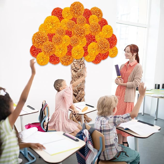 Fall Thanksgiving Tree Bulletin Board Set DIY 3D Tree with Paper Pom Poms Kraft Craft Bulletin Board Classroom Wall Decorations for Fall Thanksgiving Party School Chalkboard Teacher Supplies (Orange)