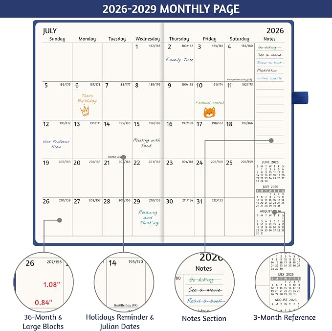 2026-2029 Pocket Monthly Planner, 3 Year Calendar 2026-2029, 6.2’’ x 3.6’’ x 0.67’’, Small Calendar 2026, 36 Months from Jul 2026 - Jun 2029, Hardcover, Back Pocket, Thick Paper, Lightweight to carry, Blue