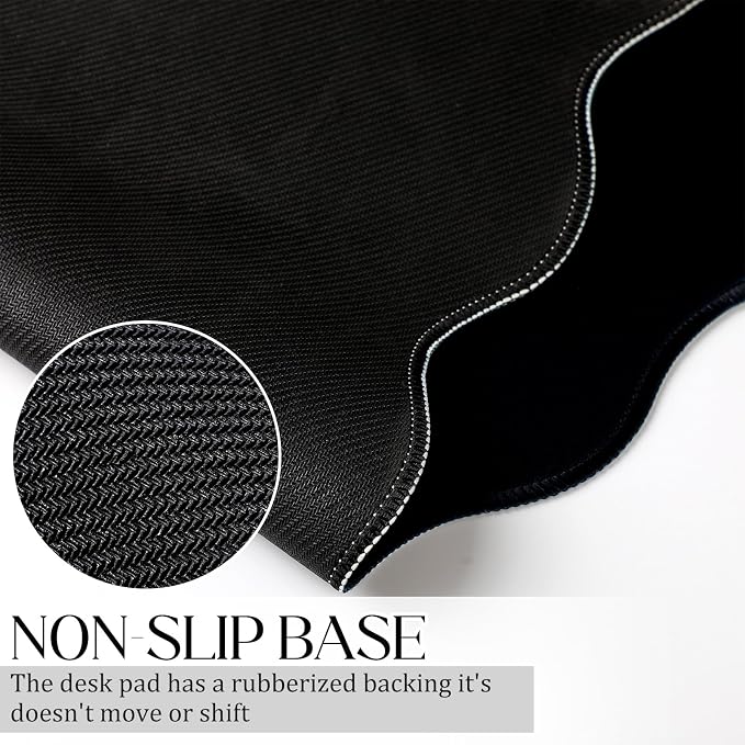 Hahafelt Scalloped Desk Mat Large Desk Pad Cute Coquette Table Mat Back to School Preppy Table Make up Pad Nonslip Graduation Gift with Stitching Waterproof Gaming(Black,23.6 x 13.8 Inches)