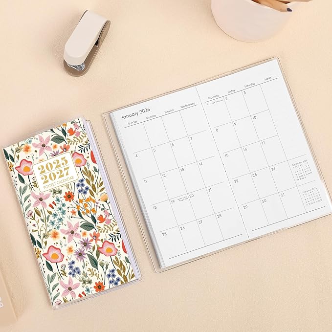 Pocket Calendar 2025-2027, Monthly Purse Planner - 6.7" x 3.7" - Covers from September 2025 to December 2027, Pocket Calendar with PVC Cover for Planning, Organizing and Office - Floral Design