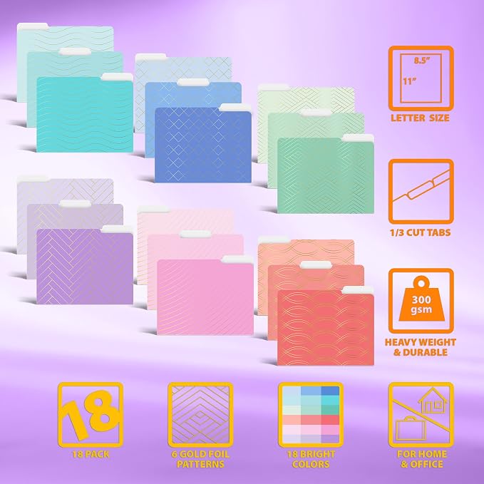Better Office Products Decorative File Folders with Gold Foil, 18 Pack, 18 Geometric Designs (6 Ombre Color Themes) Heavyweight, Letter Size (9.5" x 11.5") with 1/3 Cut Tab
