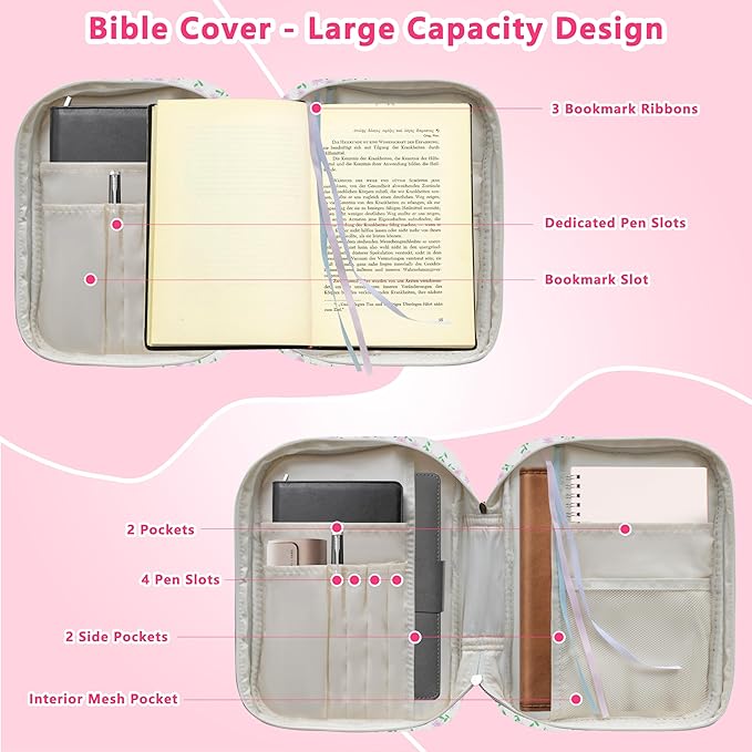 Bible Cover for Women, Large Quilted Case with Handle, Durable Bag and Carrying Case for Girls, Study Supplies Accessories, Christian Gift for Women (Purple Mini Floral, Large-Bag Set)