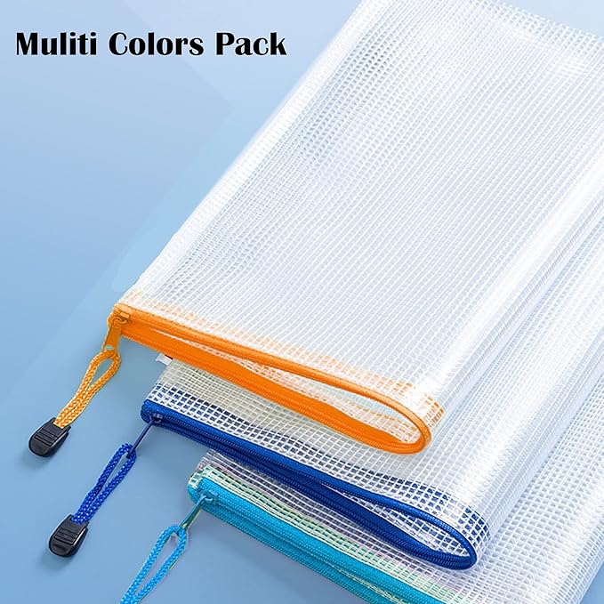 10 Pack A5 Mesh Zipper Pouches with Side Label Holder, Semi‑Clear Organizer Bags for Documents, School Supplies, Travel & Home Organization – 9.5×6.9 Inch