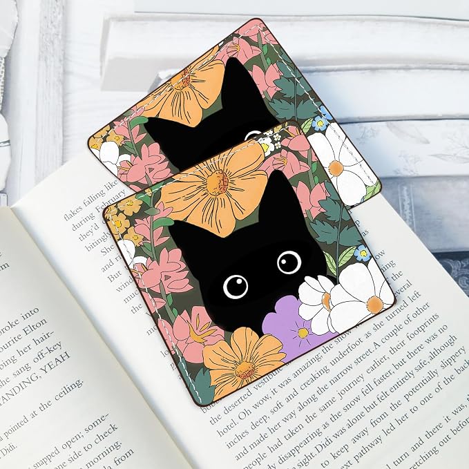 2 Pack Cat Hiding in the Flowers Leather Book Corner Bookmark, Durable Handmade Reading Accessories - Gifts for Readers, Women, Men, Teachers, Students