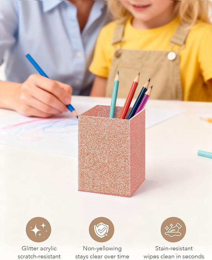 Light Pink Glitter Acrylic Pen Holder, Acrylic Makeup Brush Storage Organizer, Pencil Pen Holder for Desk, Modern Desktop Accessories for Office School Home Supplies