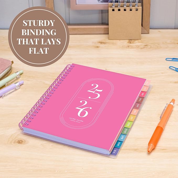 Rileys Academic Planner 2025-2026, Daily, Weekly & Monthly Planner, July 2025 - June 2026, Student Notes Pages, Twin-Wire Binding, Weekly Agenda for School & Work (8 x 6-Inches, Pink)