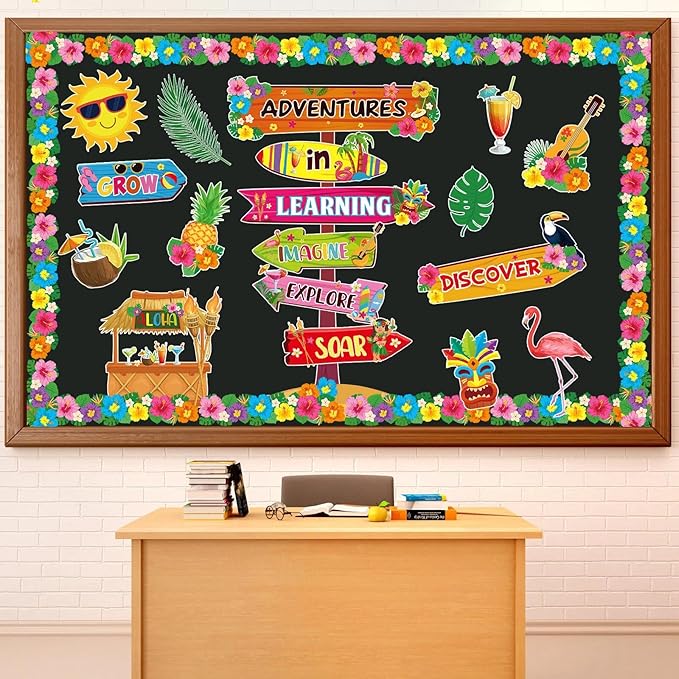 Epakh Summer Adventure in Learning Bulletin Board Sets Hawaiian Signpost Classroom Decorations Aloha Luau Tiki Paper Cutouts with Hawaii Flower Borders for Door Wall Back to School Office Supplies