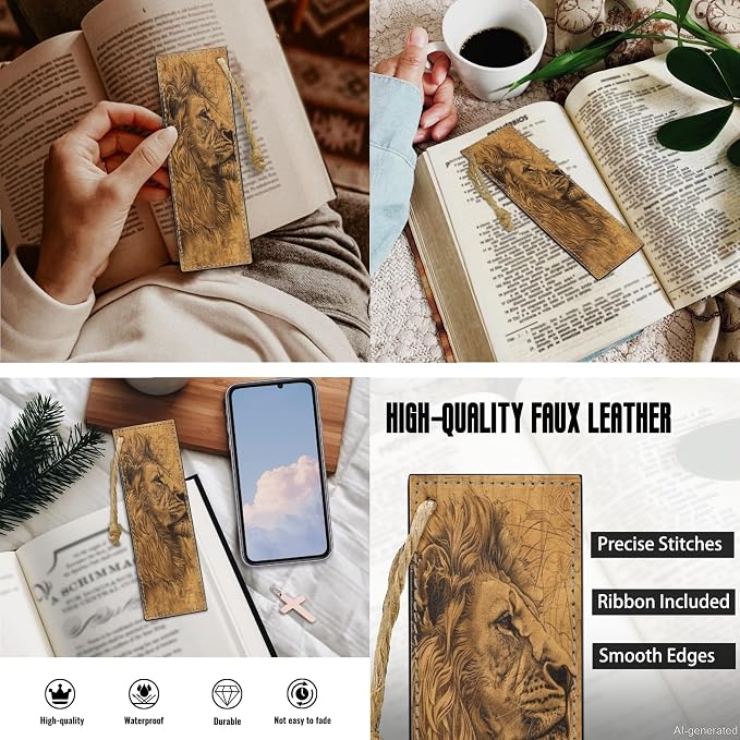 Lotusorchid Lion Print Church Bible Cover - PU Leather Protective Tote Bag with 2 Bookmarks, Brown, Size L
