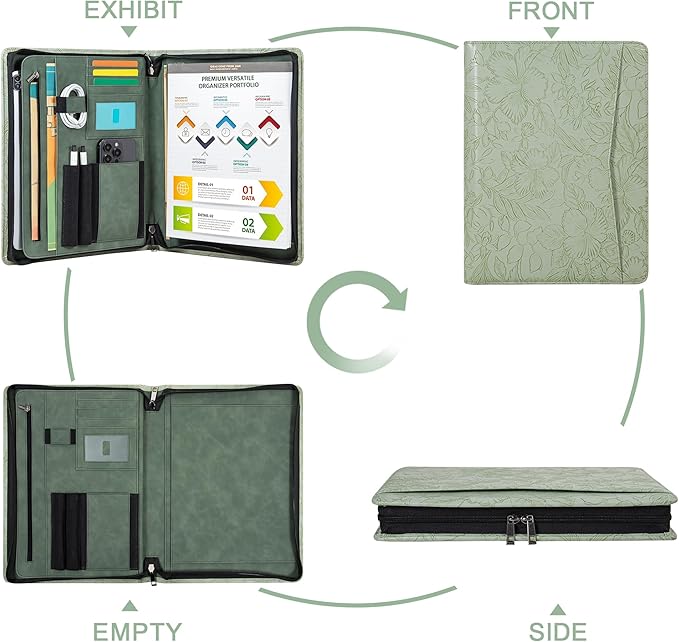 Embossed Vegan Leather Portfolio for Women,Professional Organize Padfolio with A4 Notepad Holder,Professional Business Document Organizer for Women (Light Green)