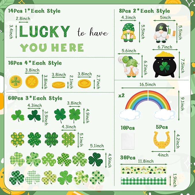 145Pcs St. Patrick's Day Bulletin Board Classroom Decoration Lucky to Have You Here Cutouts Irish Shamrock Gnome Name Tags Green Plaids Border Trim School Chalkboard Home Wall Door Party Decor