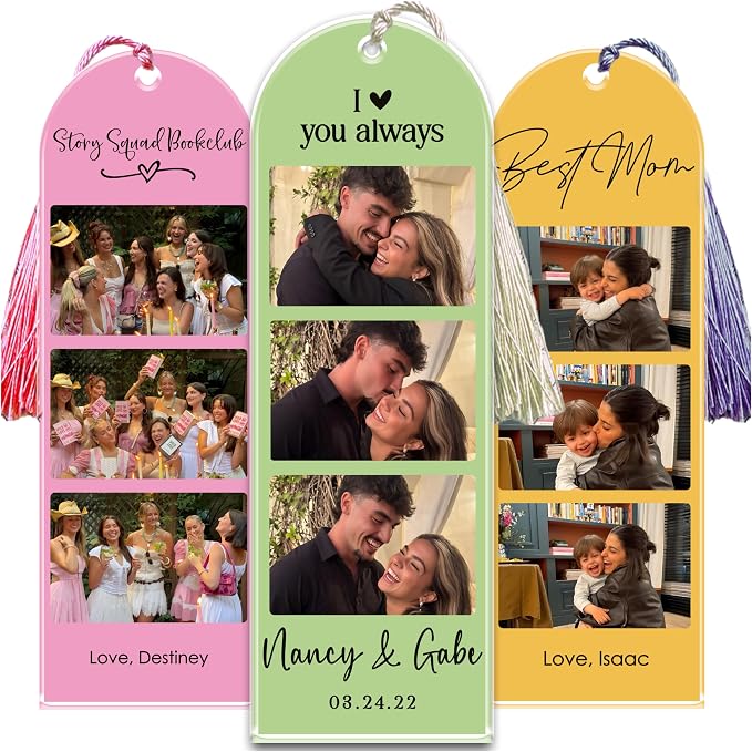 Personalized Photo Acrylic Bookmark with Tassel, Custom Picture Gift with 3 Photos and Text, Gift for Book Lovers, Best Friend, Mom, Couple Anniversary