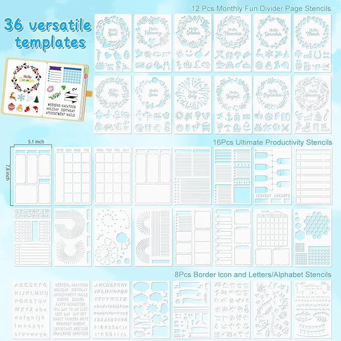 GYGOT 36 PCS Planner Stencils,Plastic Bullet Journals Stencils Journaling Supplies Bujo Accessories for A5 Dotted Journals,Incl. Ultimate Productivity/Seasonal Themes/Calendar Stencil