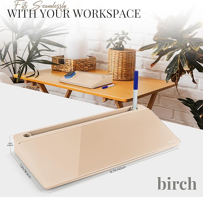 Birch Small Desktop Whiteboard – Glass Dry Erase Board Desk Pad Keyboard Stand with Storage Compartment Adjustable Dividers 3 Markers, Eraser & Holder – Perfect for Office, Home, & School (Sand)