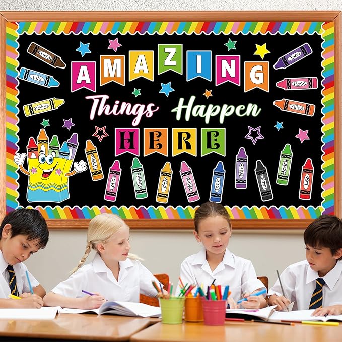 gisgfim 3D Crayon Bulletin Board Decorations Set Welcome Classroom Decor Amazing Things Happen Here Paper Cutouts Back to School Pencil Name Tag Bulletin Board Decor for School Home Chalkboard Wall
