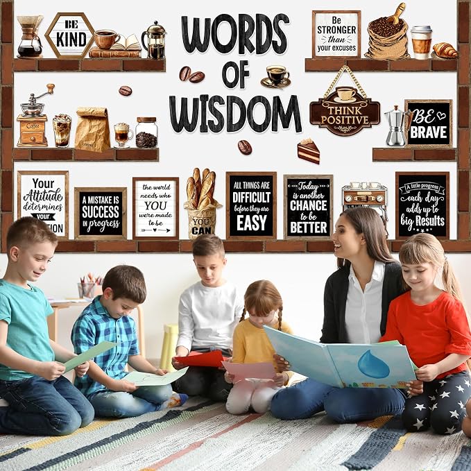 Mooliwe 57 Pcs Coffee Bulletin Board Set Industrial Coffee Shop Inspirational Classroom Decoration Cutout for School Office Chalkboard Door Wall Decor