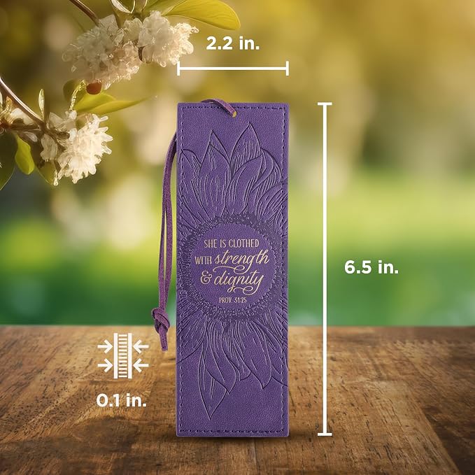 Christian Art Gifts Vegan Leather Scripture Bookmark for Women: Strength and Dignity - Proverbs 31:25 Inspirational Bible Verse Heat-Debossed, Faith-Based Reading Accessory w/Tassel, Purple Sunflower