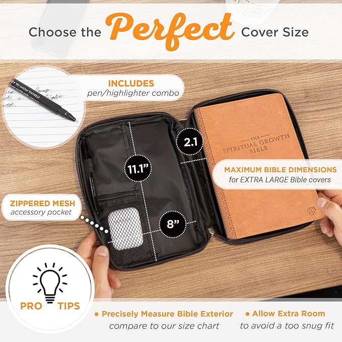 Christian Art Gifts Faux Leather Bible Cover for Men and Women | Ichthus Jesus Fish Emblem Zippered Two-Fold Organizer Case for Bible or Book w/Handle