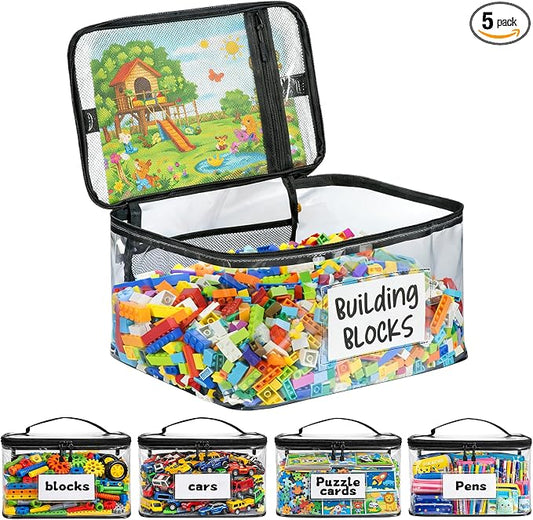 5 Pack Clear Toy Storage Bags, Toy Organizers and Storage with Labels and Manual Pocket, Suitable for Storing Puzzles, Stationery, Building Blocks (5 Packs Size L(L: 9.5 * 7 * 5.7Inch))