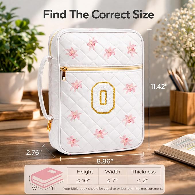 Bible Bag for Women, Bible Cover Case with Study Supplies, Initials Personalized Quilted Bible Bag, Large Chenille Bible Cover – Christian Gift for Girls (Pink Lilies-O)