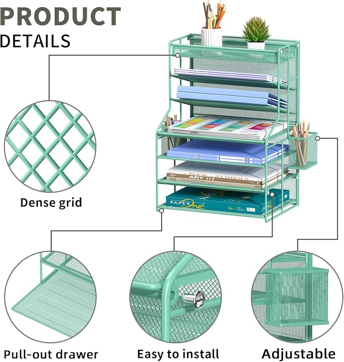 White 7 Tier Desktop File Organizer, Letter Tray Paper Organizer with Pen Holder and Metal Hanging Basket, Adjustable Vertical Desk Organizer for Office Desk Accessories