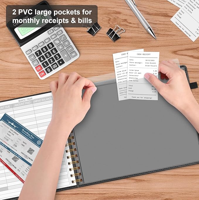 HAUTOCO Hardcover Bill Tracker Notebook Horizontal Monthly Bill Payment Organizer for Personal Budgeting Home Finance with 2 Storage Pocket Expense Checklist Tracking Planner 10.78 x 8'', Black