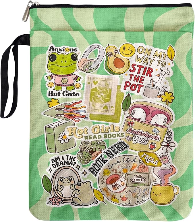Y2K Style Book Sleeve for Book Lovers, Cute Frog Pattern Bookcover Protector for Paperbacks with Handle Pocket for Reader Bookworm Bookish, Book Club Gifts for Chritsmas, Reading Accessories for Women