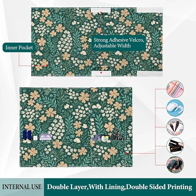 Floral Book Cover Protector for Paperback, Adjustable Soft Canvas Fabric Book Cover with Pocket Bookmark, Double-Sided Flower Printed Book Dust Jacket Covers for Hardcover Book Lovers Gift