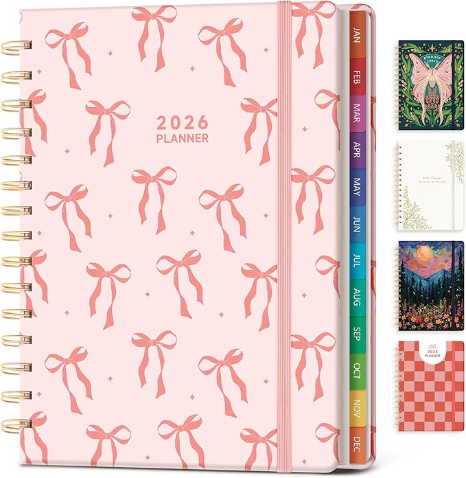 2026 Planner Weekly and Monthly, Jan.2026 - Dec.2026, Hardcover Calendar 2026 Agenda Daily Planner Book Spiral Notebook with Monthly Tabs, 6.1" x 8.3", Pink Bow