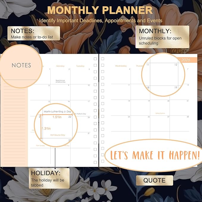 CAGIE 2026 Planner Weekly and Monthly, Jan-Dec 2026 8.3 x 9.3 Inch Hardcover Spiral Bound, 13 Tabs and Pocket, Floral Daily Planner for Women, Perfect 2026 Yearly Calendar Planner