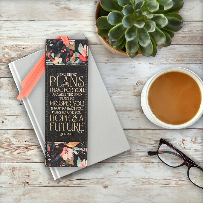 Christian Art Gifts Premium Inspirational Scripture Vegan Leather Women's Bookmark: I Know the Plans Encouraging Golden Bible Verse, Pink Satin Ribbon, Book Reading Accessory, Black Multicolor Floral