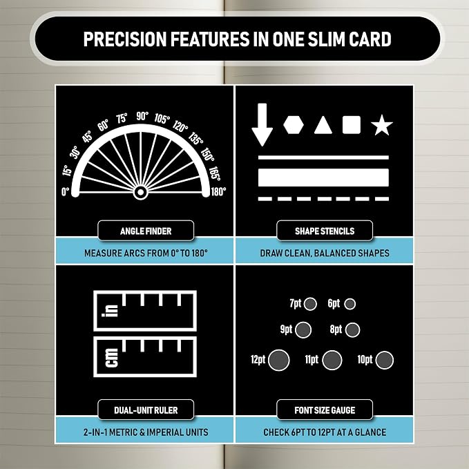 Pocket Journal Stencil - Stainless Steel Metal Bookmark with Circle Template, Ruler Conversion, Protractor & Golden Ratio - Planner Accessories for Journaling, Bible Study, Sketching & Notes