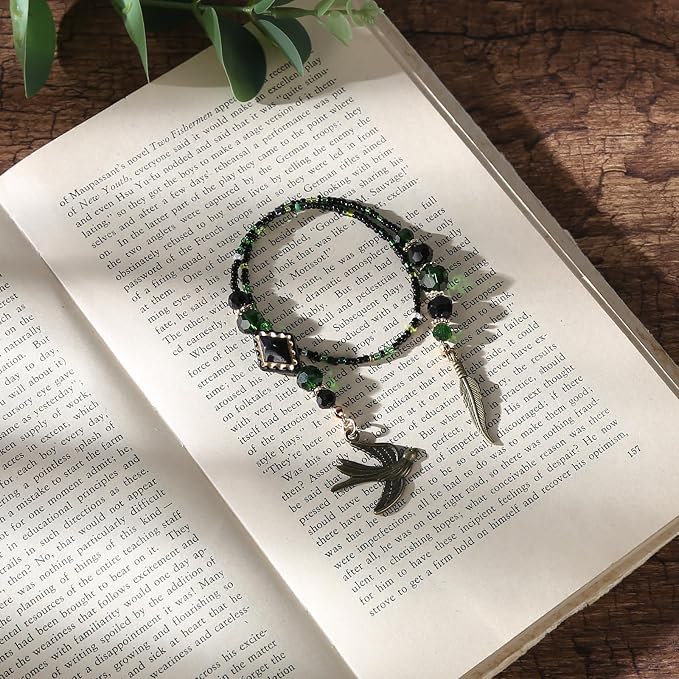 Swallow Feather Beaded Bookmark - Gronze Green Beads Book Mark for Women Men, Unique Nature-Inspired Accessories Bookish Gifts for Booklovers Students Teachers