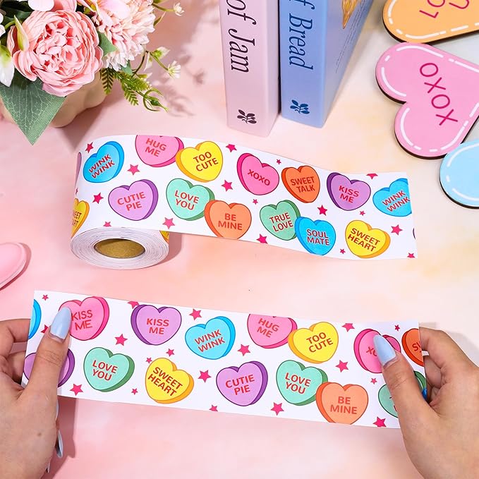 JarThenaAMCS 66Ft Valentine's Day Bulletin Board Border White Conversation Heart Rolled Self Adhesive Colorful Heart Border Trim Stickers for Classroom Office Chalkboard Party Decor