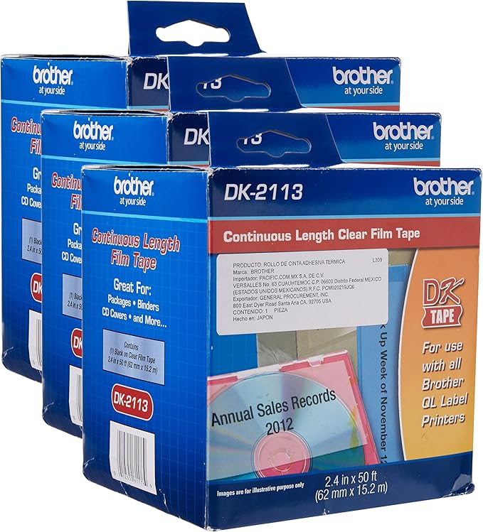 Brother Genuine DK-2113 Continuous Length Black on Clear Film Tape for Brother QL Label Printers, 2.4" x 50' (62mm x 15.2M), 1 Roll per Box, DK2113 (Pack of 3)
